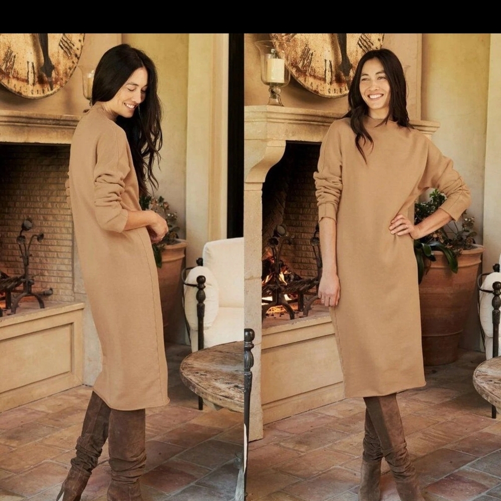 Frank & Eileen Isabelle Funnel Neck  Dress Camel Triple Fleece Size M